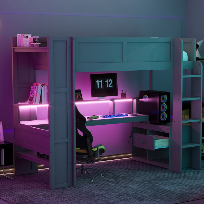 Lit mezzanine en bois avec bureau, tablettes multiples, DEL et station de charge, cadre de lit, Lit simple