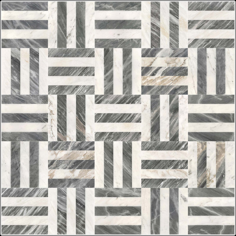 Marbre 12 * 12 Waterjet, gris blanc 2 couleurs, marbre naturel, pour le sol et le mur, carrelage en marbre poli, pierre naturelle, 1 boîte chaque motif 4 pièces