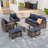 6-Piece Outdoor Patio Brown Wicker Wood Grain Armrest Swivel Glider Chair 3-Seat Sofa Seating Group with Cushion, Ottomans, Coffee Table-964312017