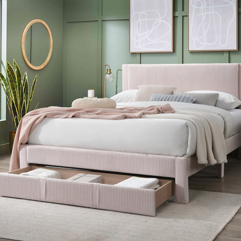 Grand lit contemporain avec tiroir de rangement, texture velours côtelé rose clair, design plateforme, pas de sommier tapissier nécessaire