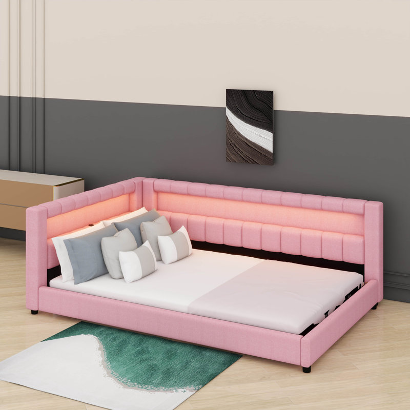Upholstered Daybed With Storage Headboard, Charging Station & LED Belt, L-Shaped Corner Bed, Full XL, Pink
