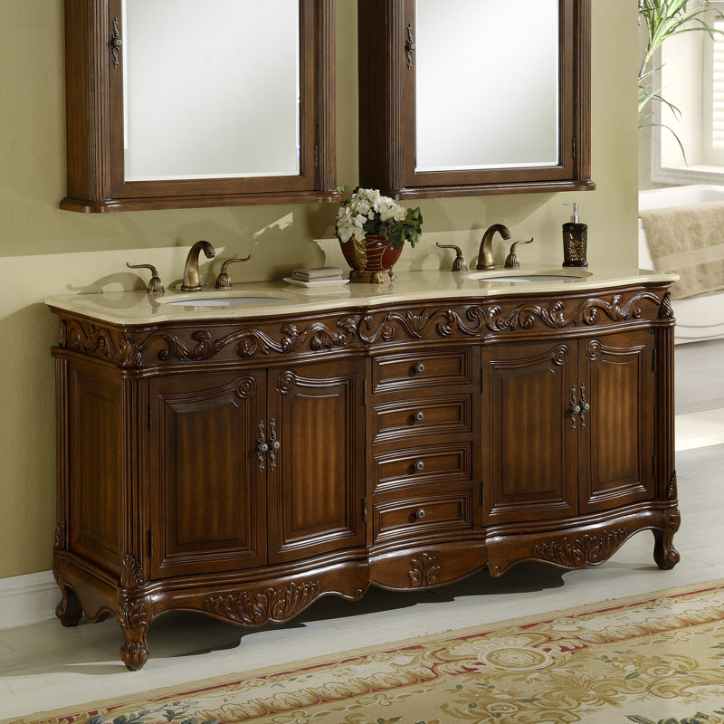 72'' Double Bathroom Vanity with Genuine Marble Top, Teak, Cream