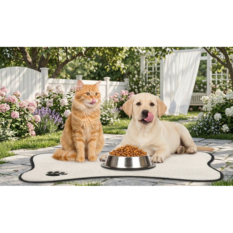 Set of 2 Bone-Shaped Non-Slip Absorbent Microfiber Pet Feeding Mats, Embroidered, for Under Dog Bowls, 2 Colours