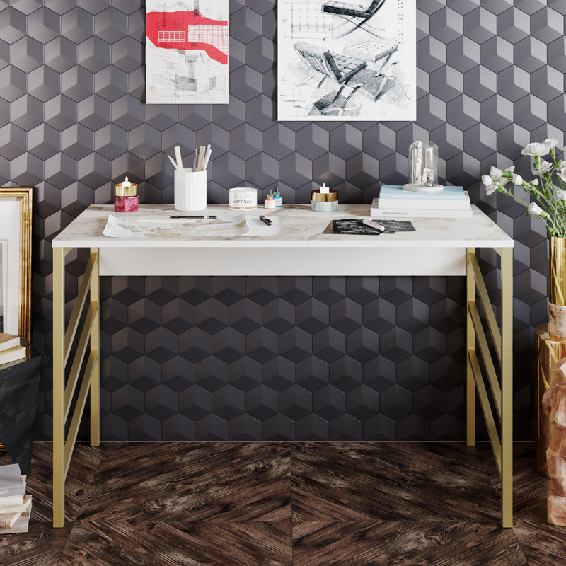 Alper Metal Base Writing Desk, White/Gold
