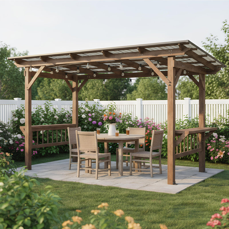 Pavillon de jardin pergola en bois 13 'x 6,5' avec toit en métal, ampoules et comptoirs de bar
