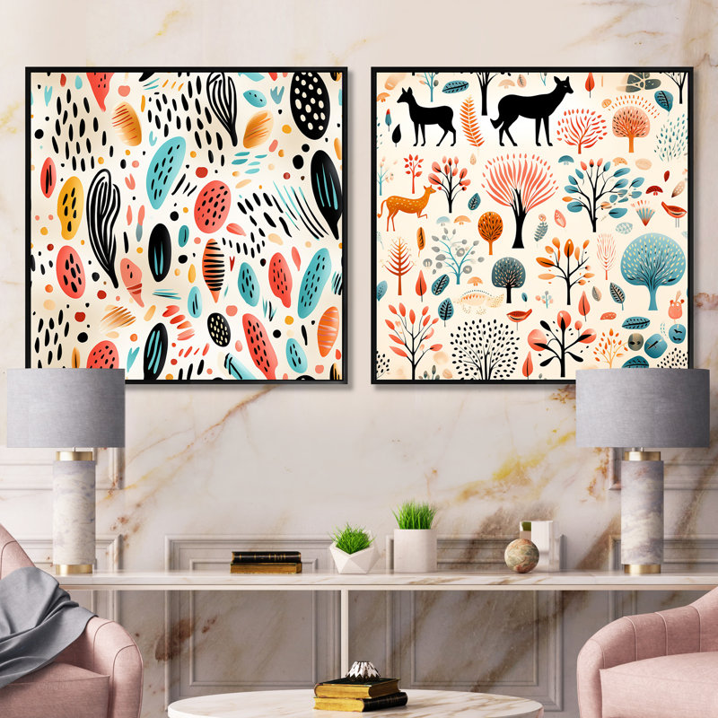 Violetta - Ensemble de 2 collages abstraits carrés, H 36 po x l 73 po, Cadre flottant noir
