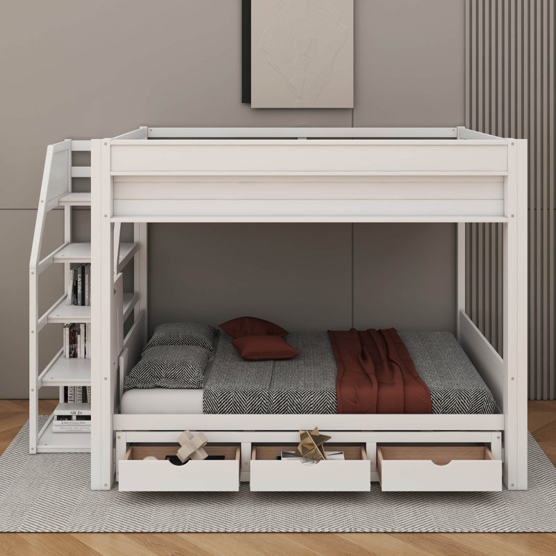 Wood Full Size Bunk Bed With Storage Staircase, Bedside Table And 3 Drawers, White