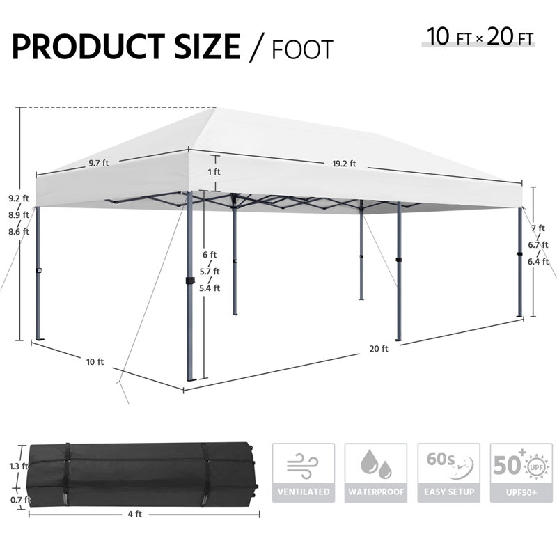10 x 20 FT Pop-up Canopy with One-Push-To-Lock Setup Mechanism, White