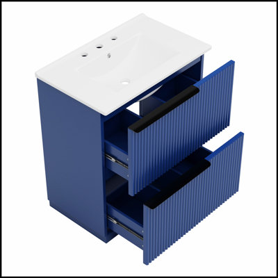 Meuble-lavabo autoportant de 30 pouces avec lavabo en céramique, tiroirs pleine extension et conception cannelée pour un rangement élégant