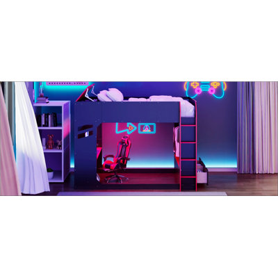 Lit mezzanine double en bois pleine grandeur avec bureau réglable, rangement et lumières RVB pour une vie moderne et une utilisation efficace de l'espace