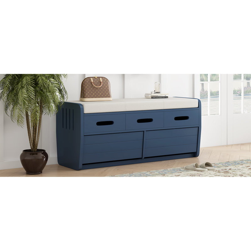 Banc de rangement rustique avec 2 tiroirs, espace de rangement caché et 3 faux tiroirs en haut, banc à chaussures, Marine