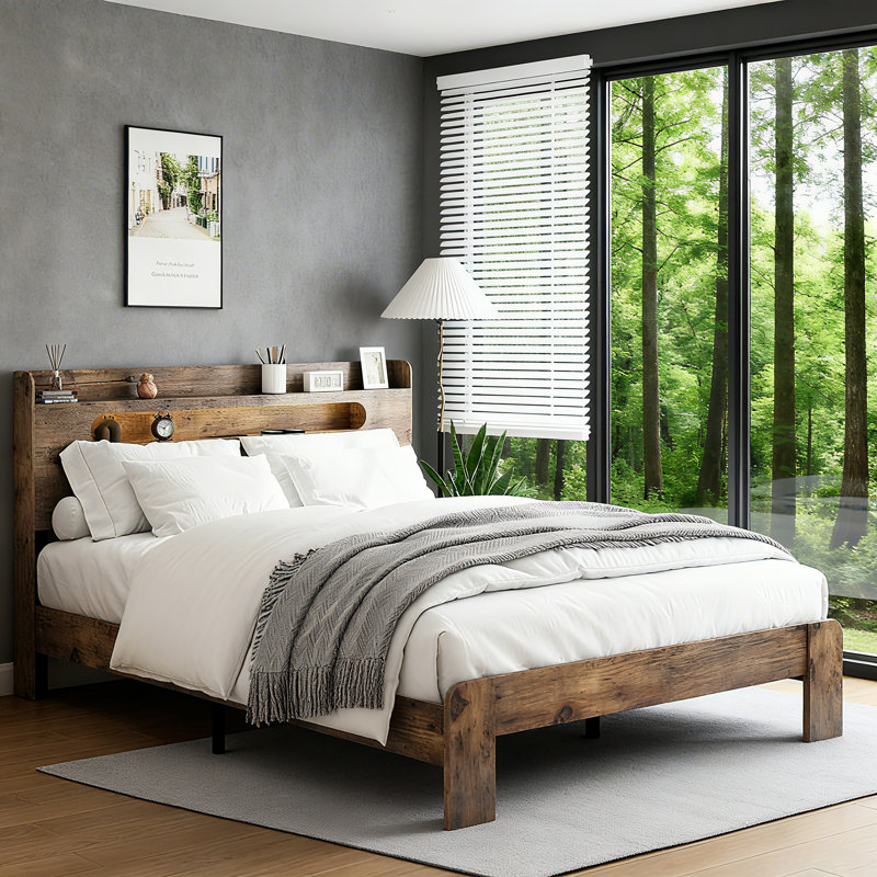 Structure de lit plateforme en bois - tête de lit avec rangement, lumière DEL et 2 ports USB, aucun sommier nécessaire, grand rangement sous le lit