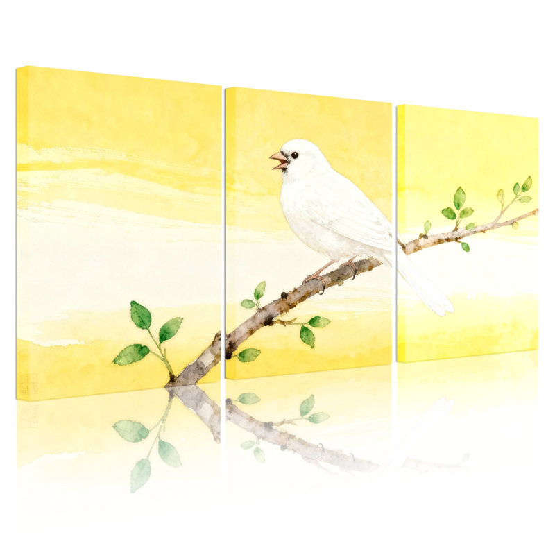 Oiseaux oiseaux blancs sur une branche avec fond jaune, ensemble de 3 impressions d'art sur toile, H 24 po x l 48 po