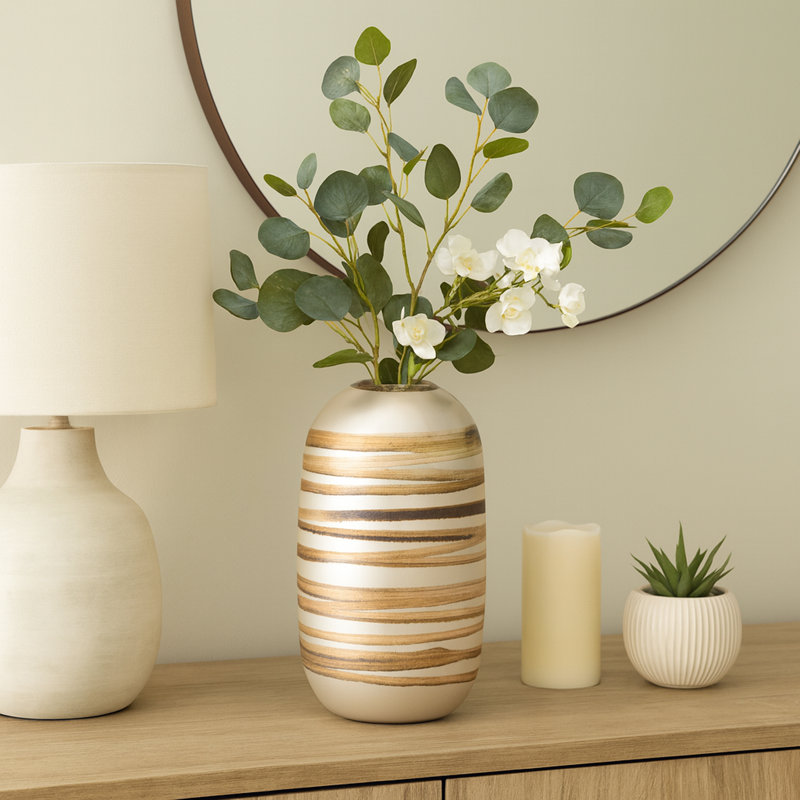 Decorative Striped Rounded Glass Vase for Table Home Decor - Modern Tall Flower Vase for Tabletop, Shelf, or Console Display - Gold & Metallic