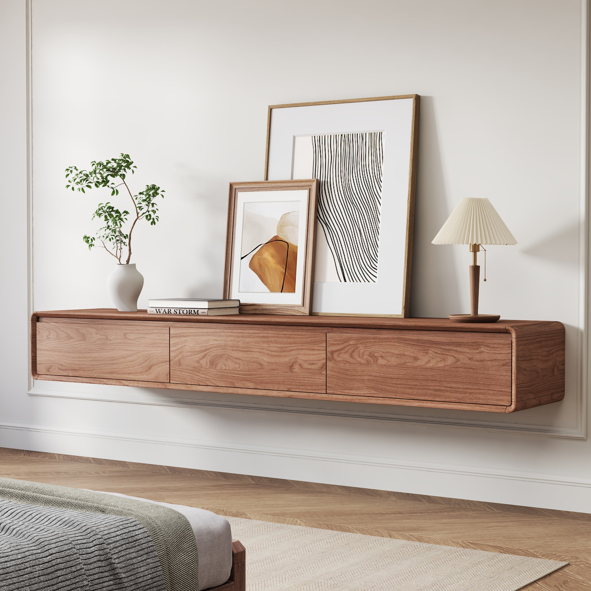 Latitude Run® Walnut Floating TV Stand With 3 Drawers & Solid Wood ...