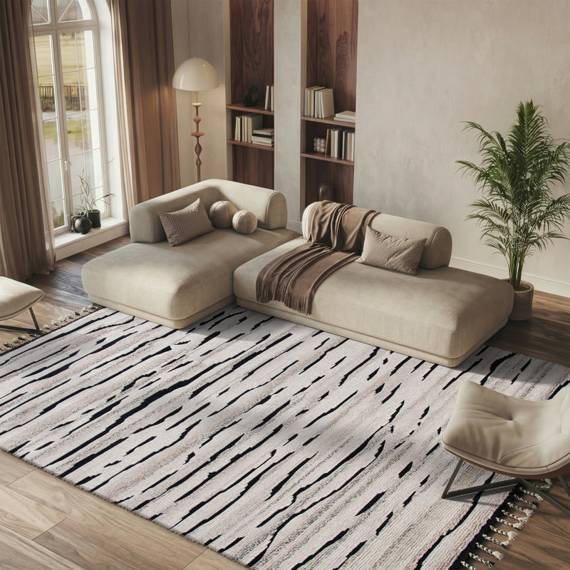 Tapis gris anthracite / ivoire en laine noué à la main Aitkin, Rectangle 8 pi x 10 pi