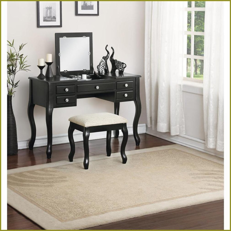 Ensemble de meuble-lavabo 3 tiroirs avec miroir et 3 tabourets | Noir | Traditionnel