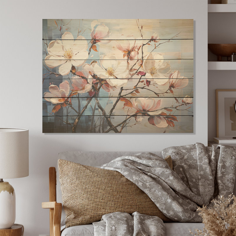 Luxueux Magnolia Tranquillity I - art mural en bois de magnolia sur bois de pin naturel, H 30 po x l 40 po