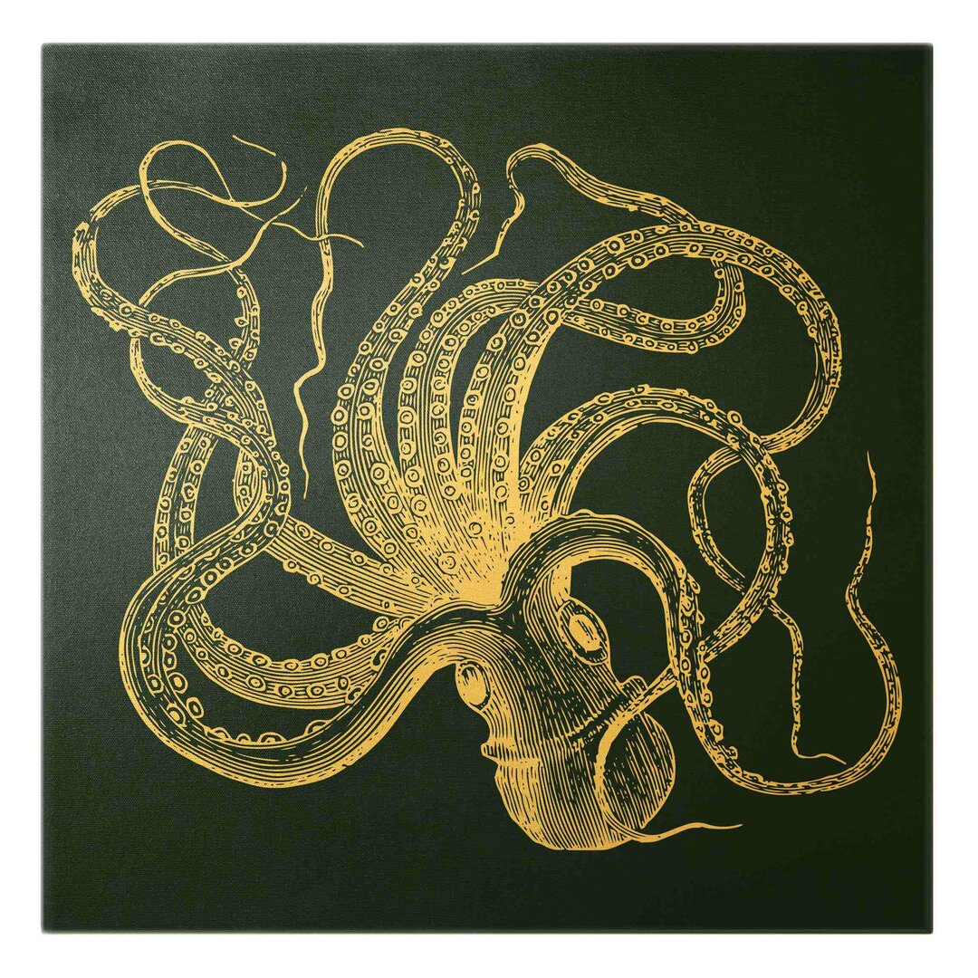 Leinwandbild Gold - Illustration Verrückter Oktopus Auf Blau