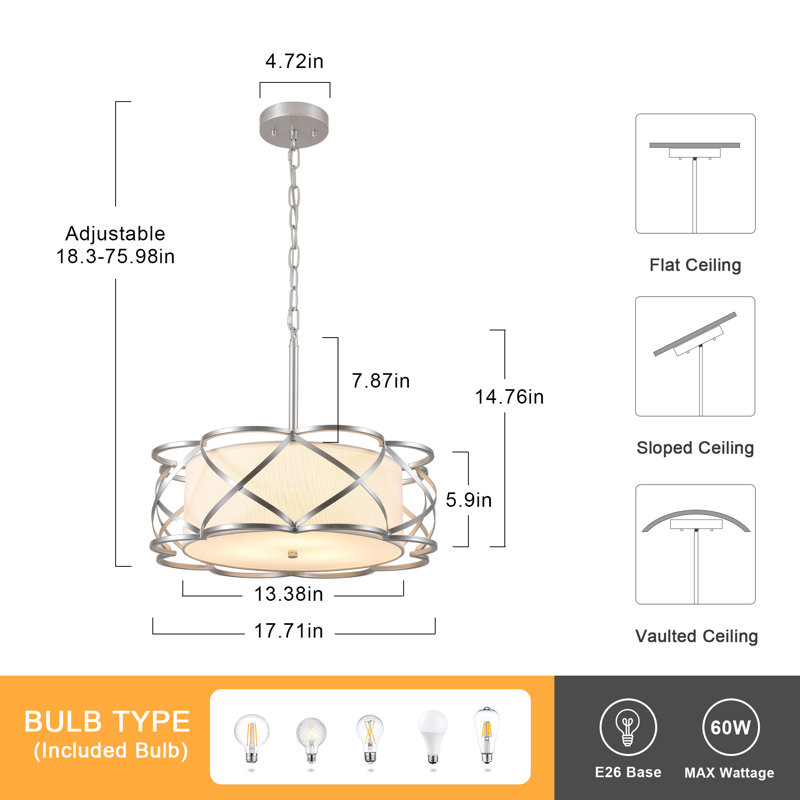3 - Light Dimmable Drum Chandelier, Silver