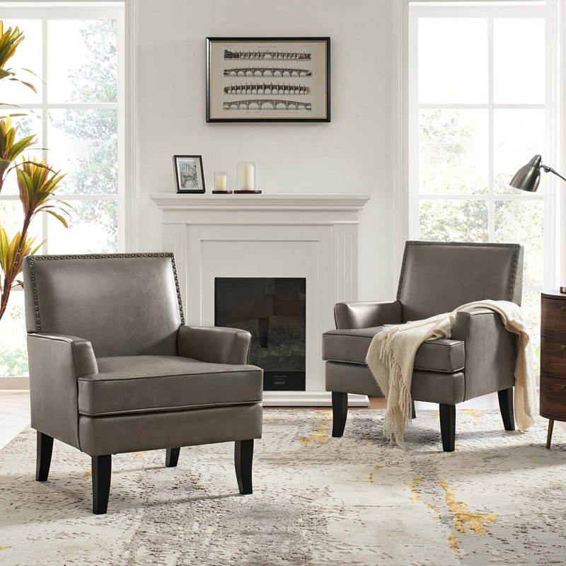 Celadon 27.5'' Wide Faux Leather Armchair with Nailhead Trim and Solid dWoo Legs Set Of 2, Gray Faux Leather