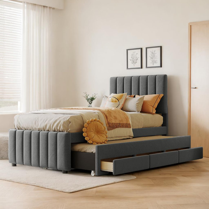 Lit plateforme tapissier charmant avec lit gigogne et 3 tiroirs, Gris, Lit simple