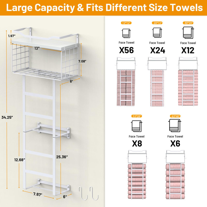 Porte-serviettes pour la salle de bain, porte-serviettes roulé, porte-serviettes mural avec 2 tablettes à serviettes et panier en fil métallique, rangement et organisateur de serviettes de salle de bain