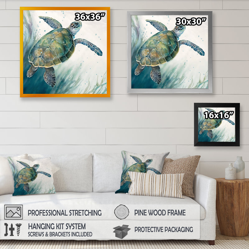 Tortue aquarelle nageant I - reproduction sur toile, H 16 po x l 16 po x P 1 po, Impression noire sur toile encadrée