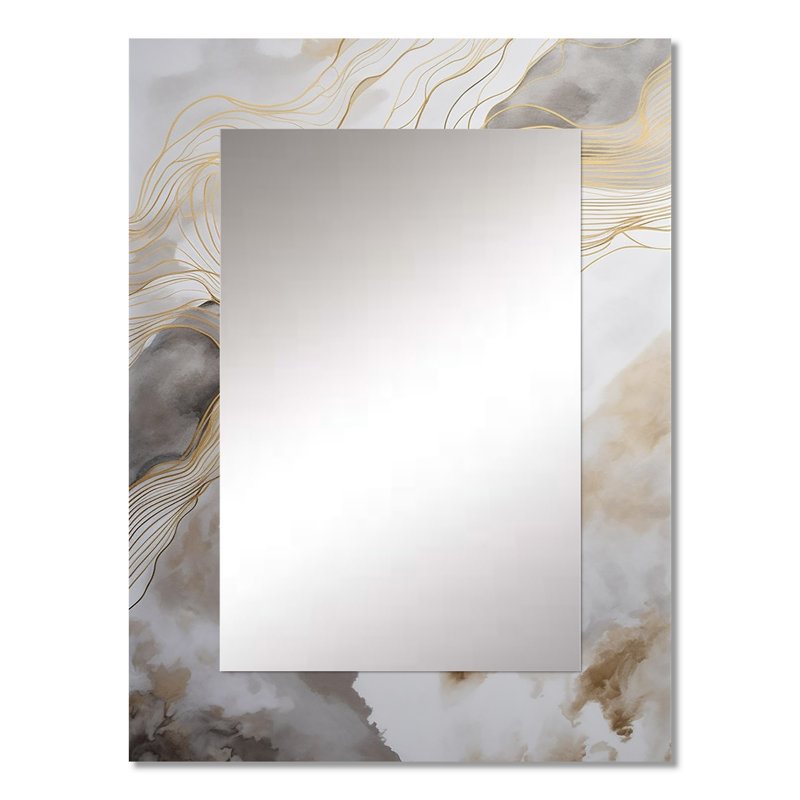 Gold And Grey Abstracted Line Artistry V - Line Art Decorative Wall Mirror, Gold Mirror, Printed Metal Art, 32" x 24"