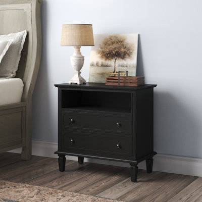 Amberlyn 28.2''W Traditional 2-Drawer Nightstand with Charging Station and Solid Wood Legs and Open Shelf
