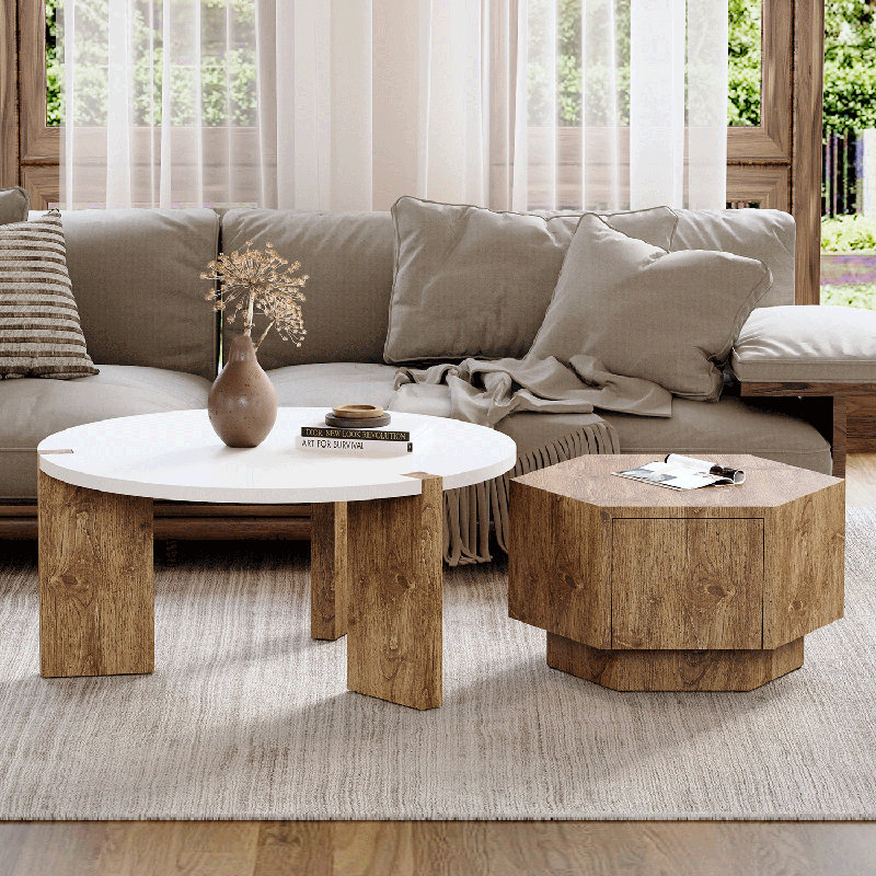 Modern 2 Piece Round Nesting Coffee Table Set With Drawer