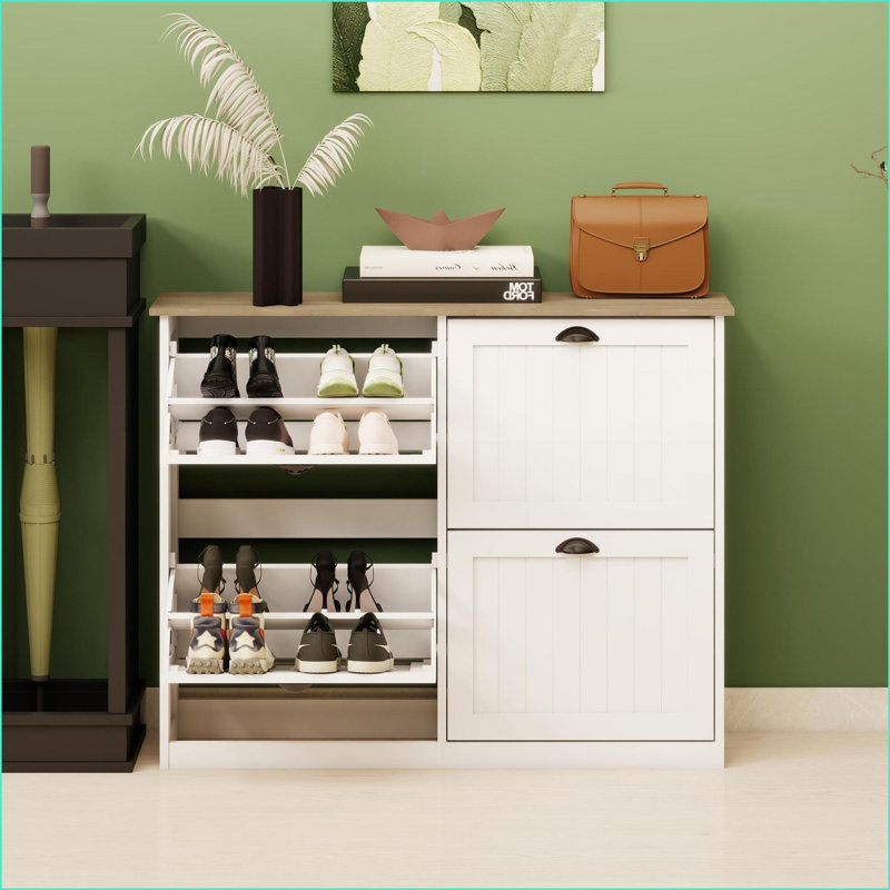 Shoe Storage Cabinet with 4 Flip Drawers, Adjustable Shelves, Freestanding Slim Organizer for Entryway, Foyer | Snow White | Modern