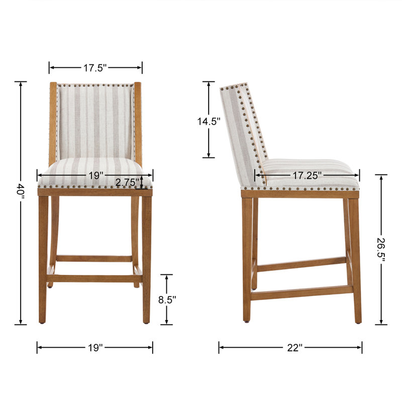 Farmhouse Solid Wood Barstools With Vintage Brass Studs, Upholstered Low Barstools For Bar Counters And Kitchen Islands Set Of 2