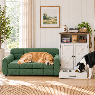 Modern Farmhouse 2-Piece Pet Furniture Set: Dog Feeding Station Cabinet with Food Storage and 2 Stainless Bowls + Cozy Pet Sofa