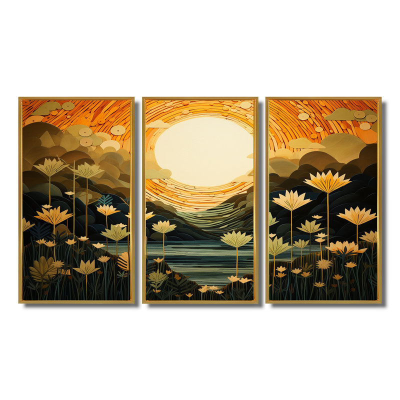 «Spring Flowers Full Moon Lake - Wildflowers», ensemble d'art mural, Cadre flottant doré, H 32 po x l 48 po x P 1 po