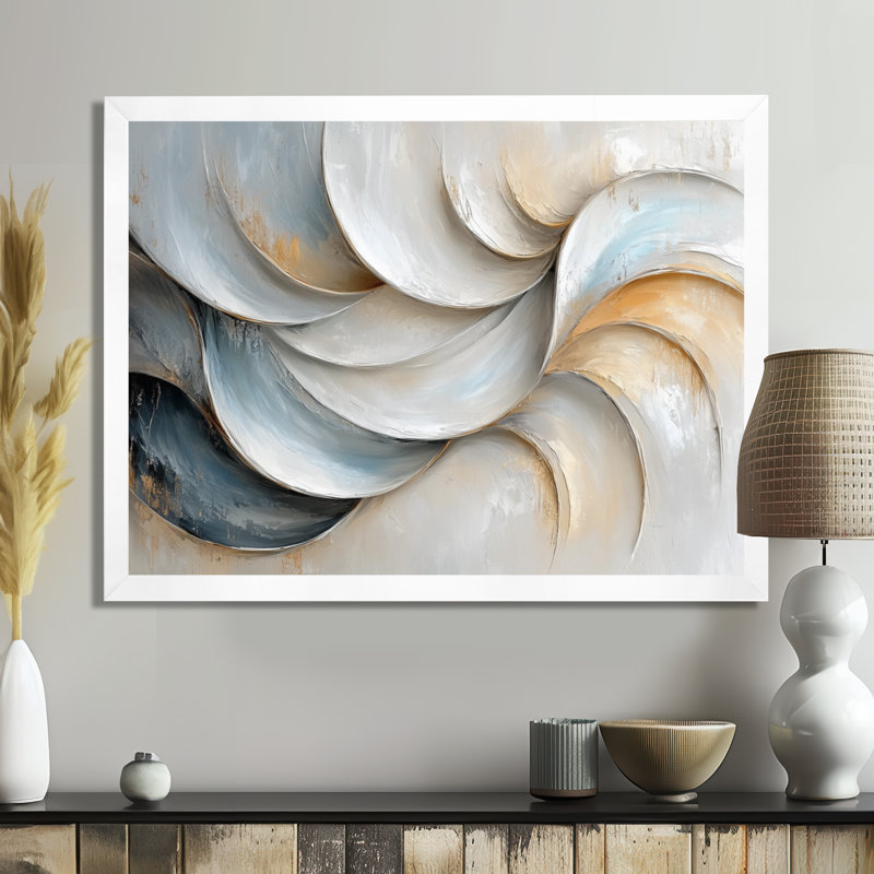 «Grey White Waves of Introspection I», art mural abstrait, H 12 po x l 20 po, Blanc, Picture Framed