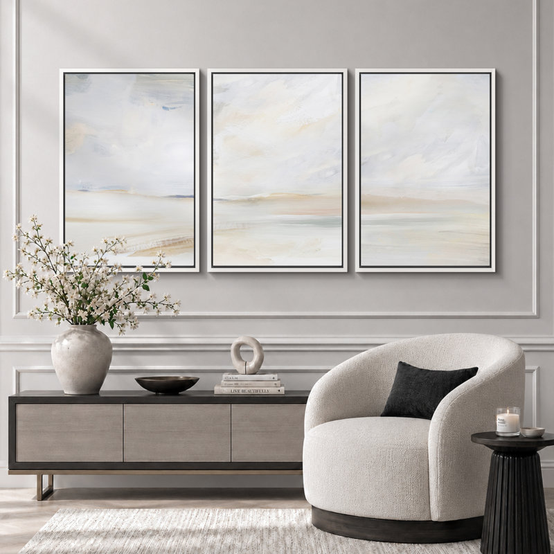«Minimal Landscape», Mere Serene Coastal Beach, H 36 po x l 72 po, Blanc