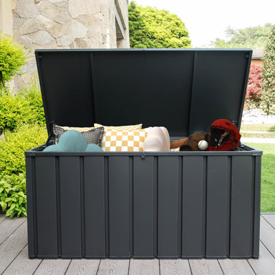 Lockable Deck Box For Outdoor - 120 Gallon, Waterproof, Patio Cushions & Gear Dark Gray Gallon Lockable, Accommodates Garden Tools, Pillows