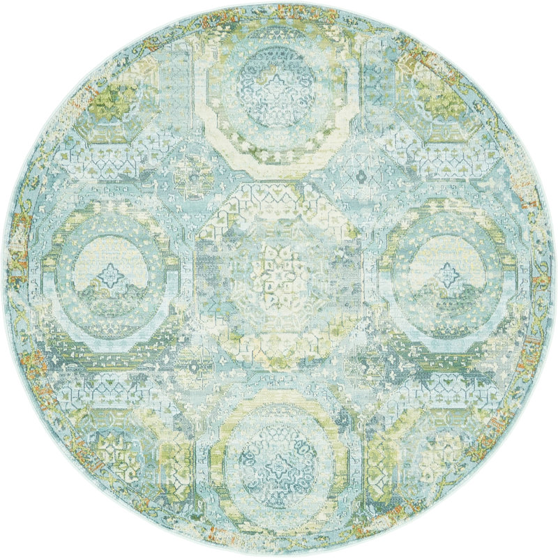 Folmar Oriental Indoor Rug, Round 8', Green/Light Blue