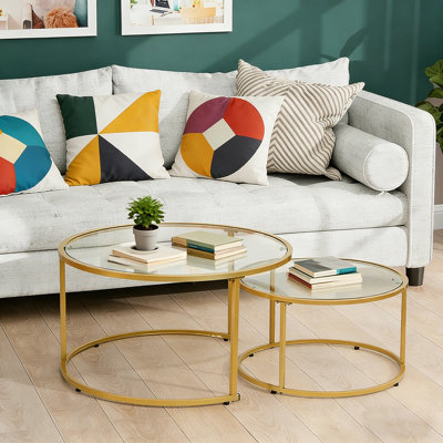 Ensemble de 2 tables basses Modern Modern, structure en métal avec plateau en verre trempé, tables empilables pour le salon, assemblage facile
