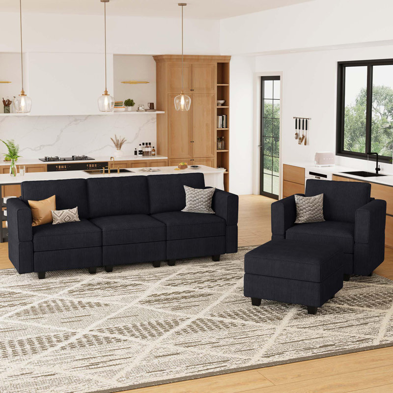 Nairoby 3-Pieces Corduroy Modular Sectional Couch Storage Seat Sofa Set For Apartment Livingroom Lounge, Single Armchair & 3-Seat Sofa & A Storage Ottoman