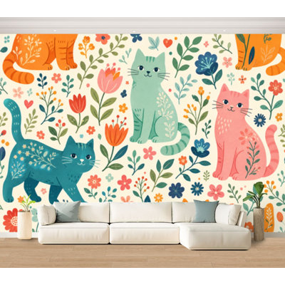 Wall Mural Peel and Stick Wallpaper Flower Cats Botanical fabric Self-Adhesive Removable Contact Paper Wall Decor for Living Room Bedroom 100"H x 144"W