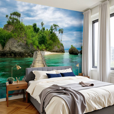 Peel and Stick Wallpaper 144" L x 100" W Modern Self Adhesive Wall Mural for Bedroom Bamboo hanging bridge sea to tropical island