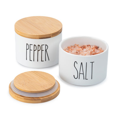 Heartland Home Ceramic Salt Cellar Set With New Bamboo Lids. White 9Oz Stoneware Stackable Salt And Pepper Container Set