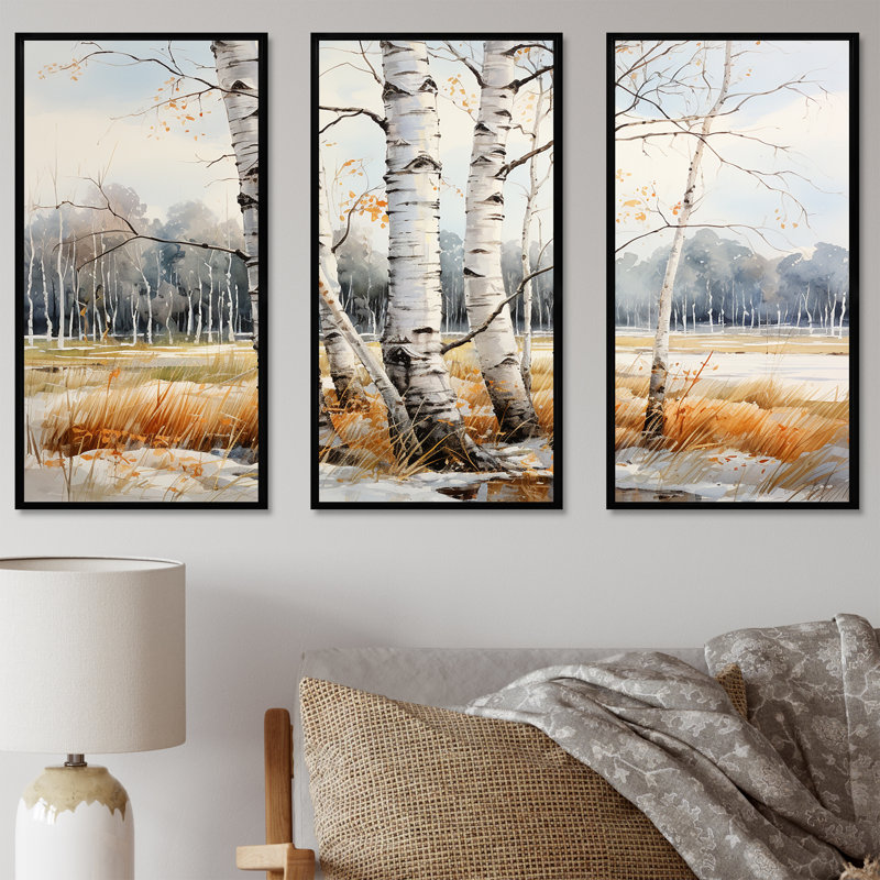 Beige et gris «Birch Beauty III», ensemble d'art mural Birch Tree, Cadre flottant noir, H 32 po x l 48 po x P 1 po