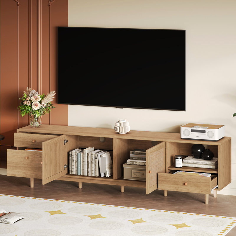 Meuble télé de 85 po avec finition en bois véritable et moderne et options de rangement polyvalentes pour les téléviseurs, les portes et la disposition réfléchie