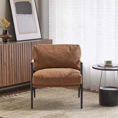Chaise d'appoint moderne de 27,56 po avec coussins moelleux, structure en métal minimaliste et accoudoirs en bois - parfait pour un salon confortable, une chambre à coucher ou un siège de bureau