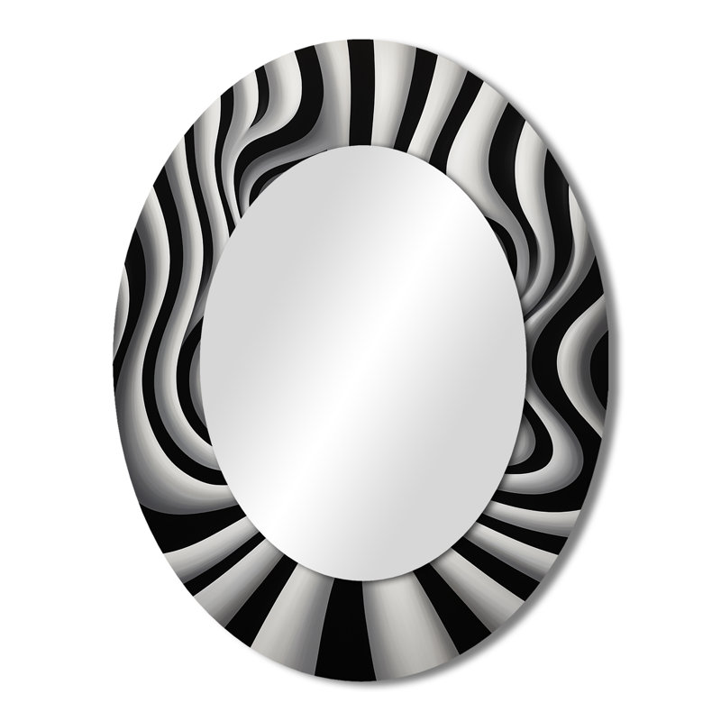 Black White Optical Art Dream I - Abstract Oval Decorative Mirror On Metal, 43" x 33"