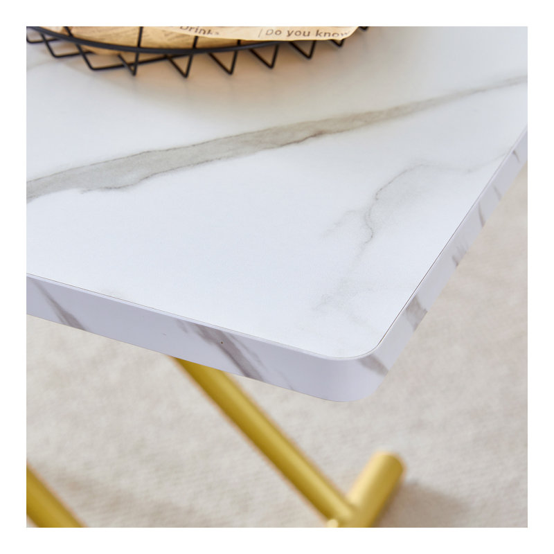 Modern Minimalist Multifunctional Lift Table With 0.8 Inch Thick MDF Desktop And Golden Metal Legs,Can Be Used As A Dressing Table, Coffee Table, Dining Table, And Office Table.White Textured Desktop.