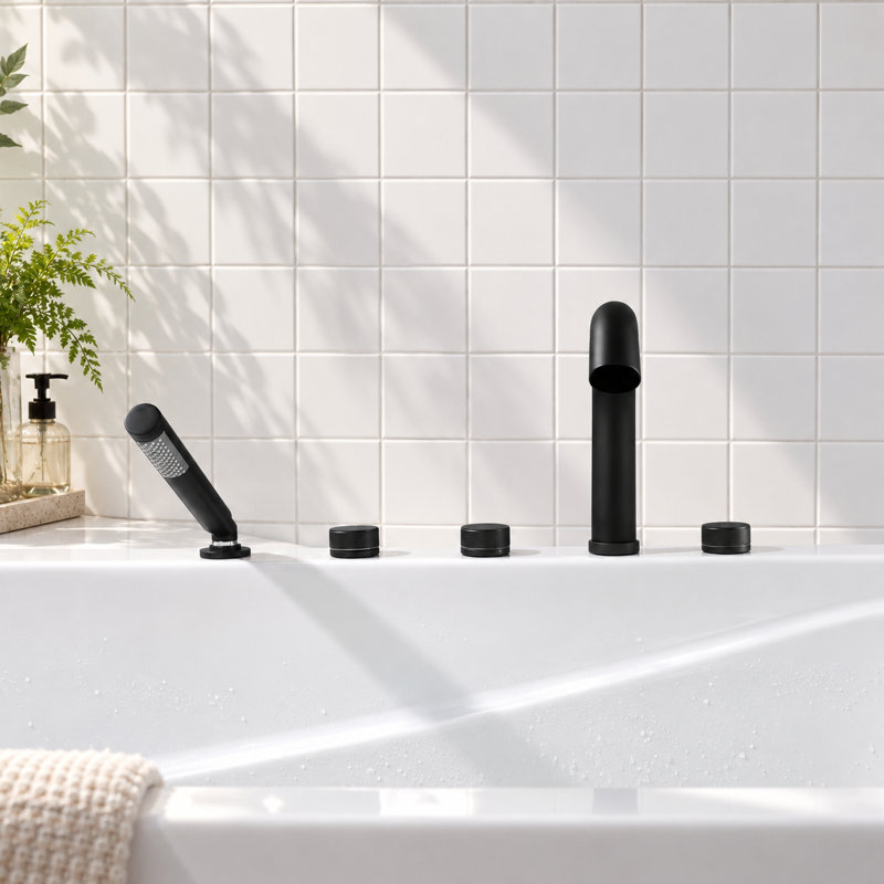 Robinet de baignoire à 5 trous à fixation sur le comptoir avec douche à main, robinet de baignoire moderne avec poignées à poignées texturées pour baignoire de salle de bain